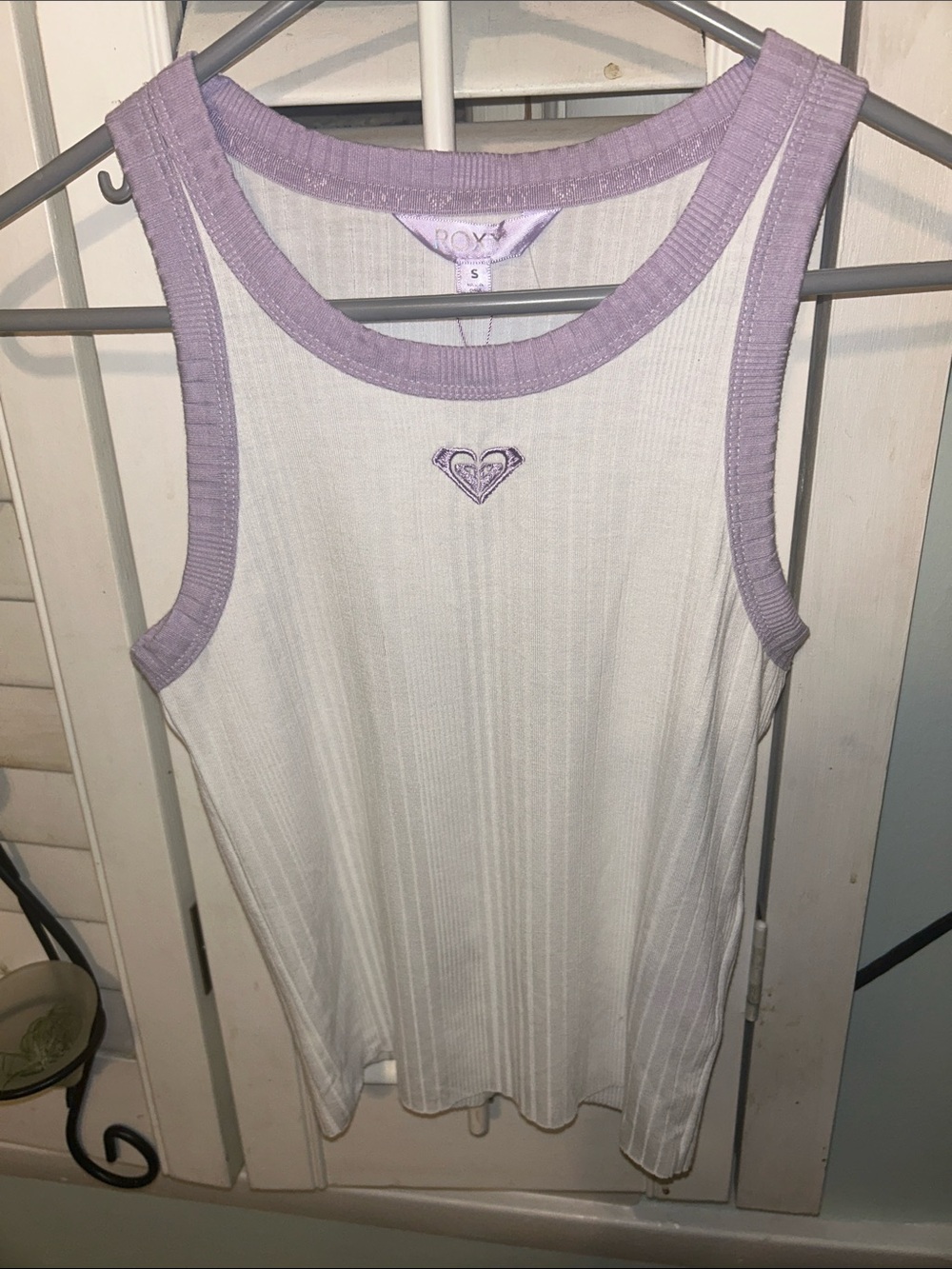 Roxy White Ribbed Tank with Lavender Trim